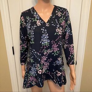 Nanette Lepore Asymmetrical Navy Floral 3/4 Sleeve Top
